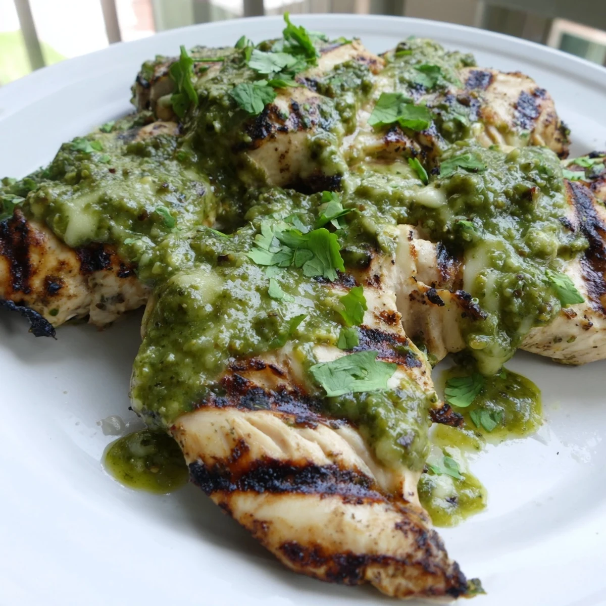 Melted Pepper Jack cheese blankets grilled chicken drizzled with bright salsa verde