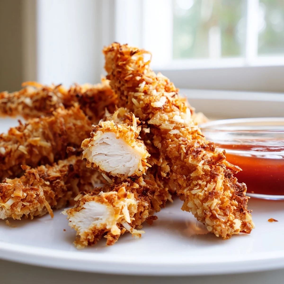 Golden Crunchy Coconut Chicken strips fresh from the skillet with crispy edges