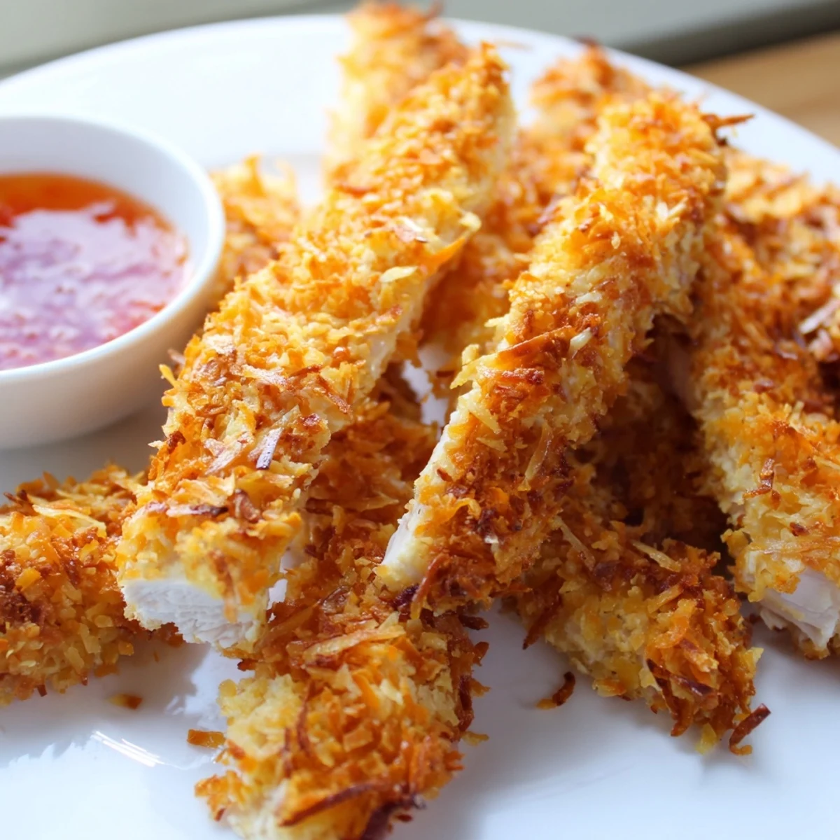 Close-up of Crunchy Coconut Chicken showing a juicy interior and toasted coconut crust