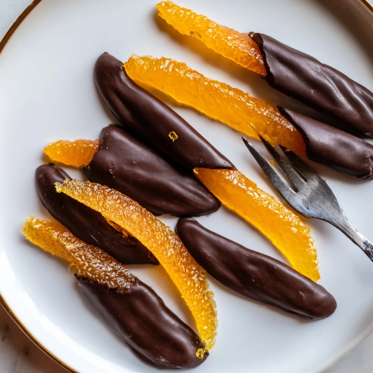 Glistening chocolate covered orange peels arranged on parchment paper
