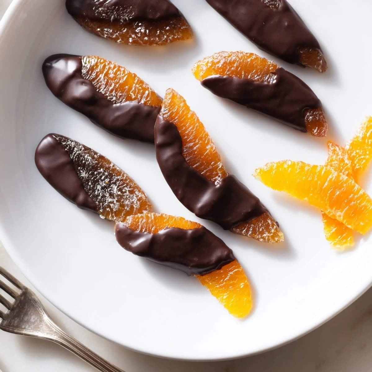 Rich dark chocolate coated orange peels with a glossy finish