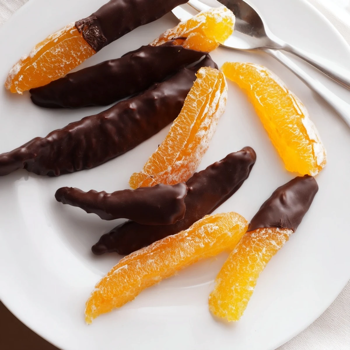 Candied orange strips dipped halfway in melted dark chocolate