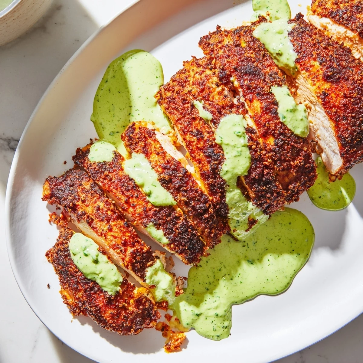 Golden crispy Peruvian chicken delight carved and drizzled with vibrant creamy cilantro green sauce