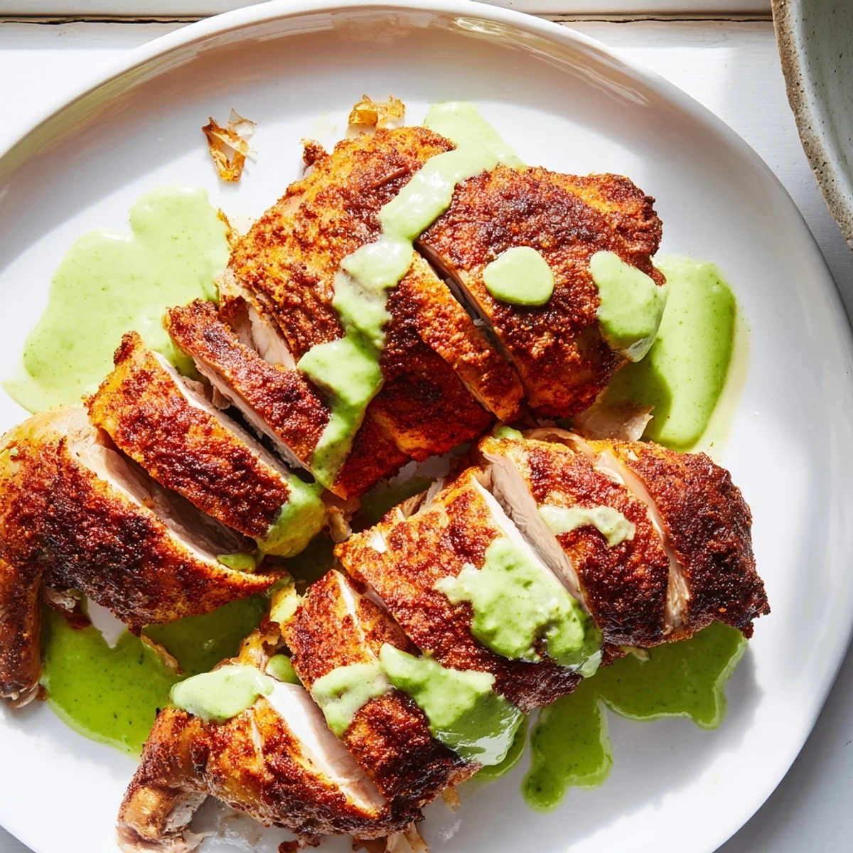 Juicy roasted Peruvian chicken delight served on a platter with spicy aji verde