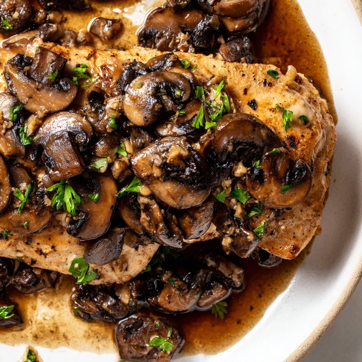 Golden pan-seared dairy free chicken marsala smothered in savory mushroom wine sauce