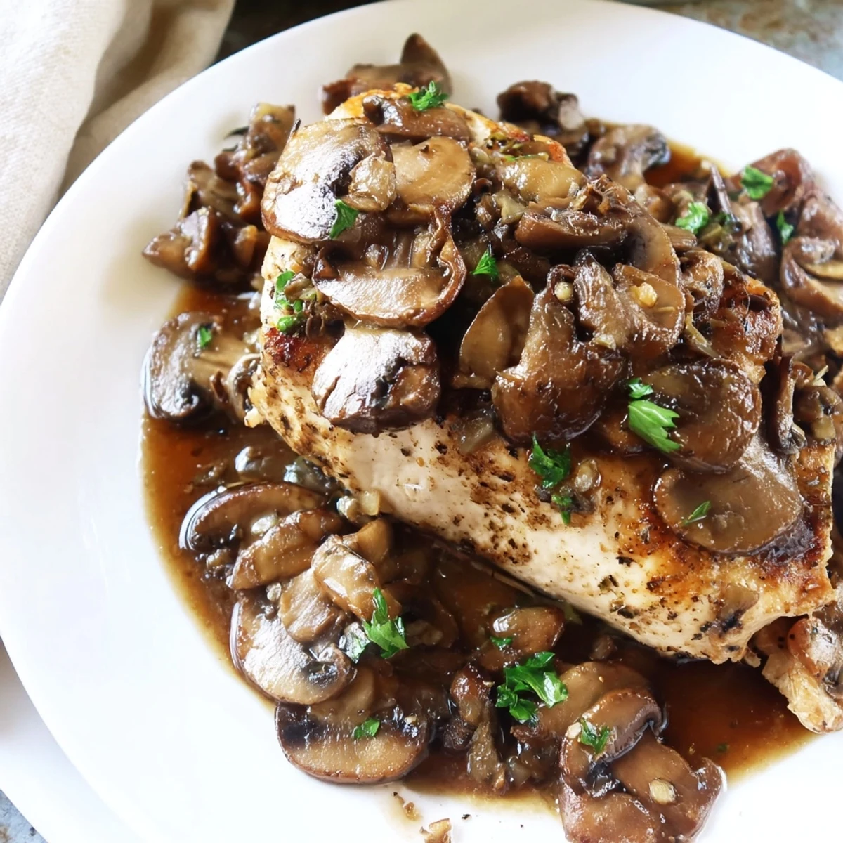 Creamy golden dairy free chicken marsala resting in a silky mushroom herb pan sauce
