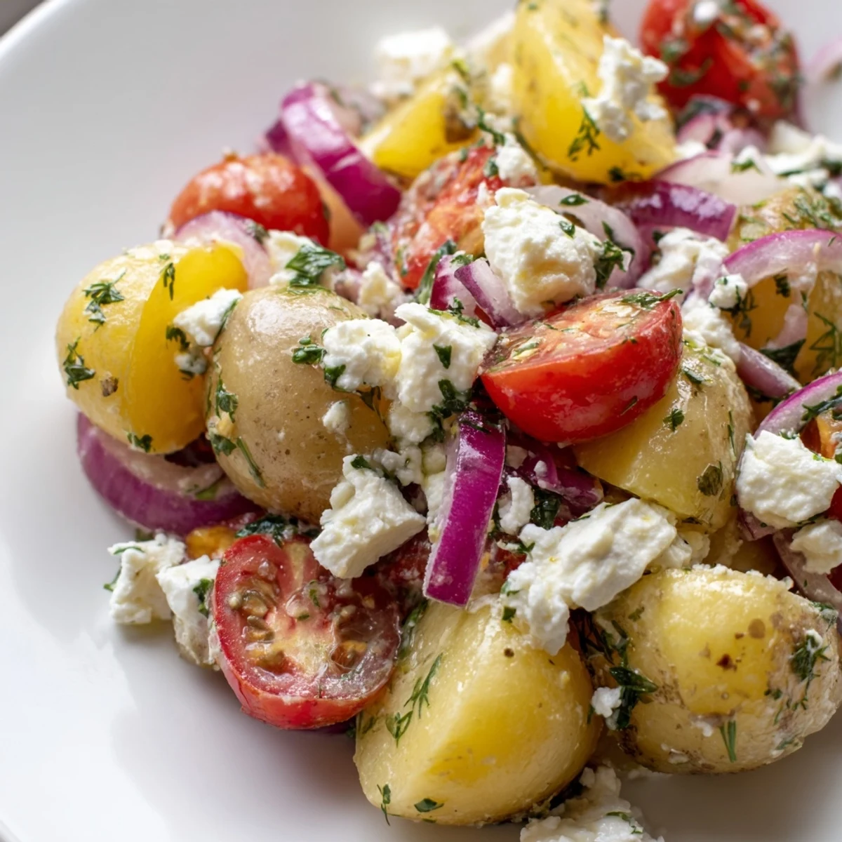 Creamy potato and feta salad glistening with olive oil and fresh herbs
