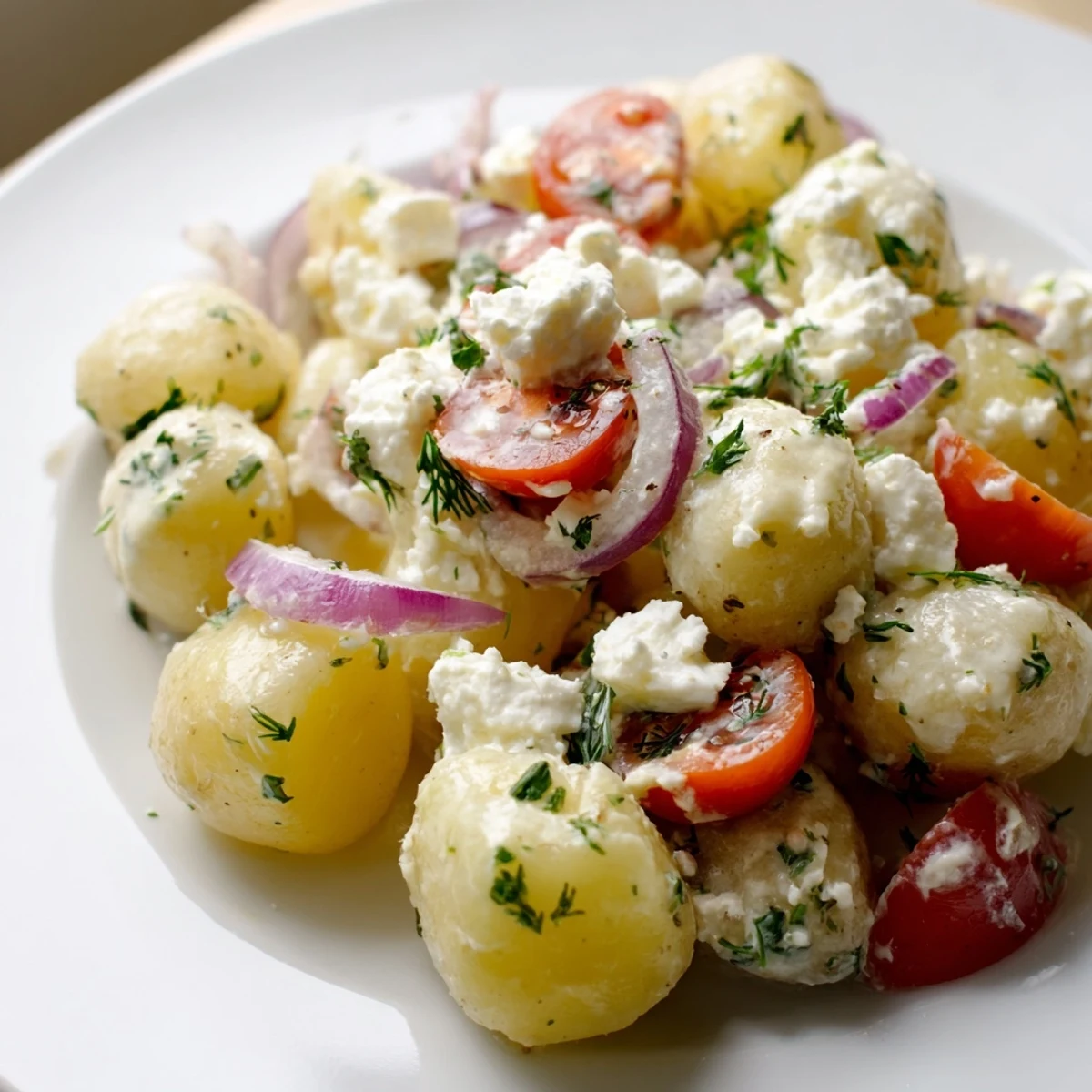 Potato and feta salad with juicy tomatoes, red onion, and bright dill