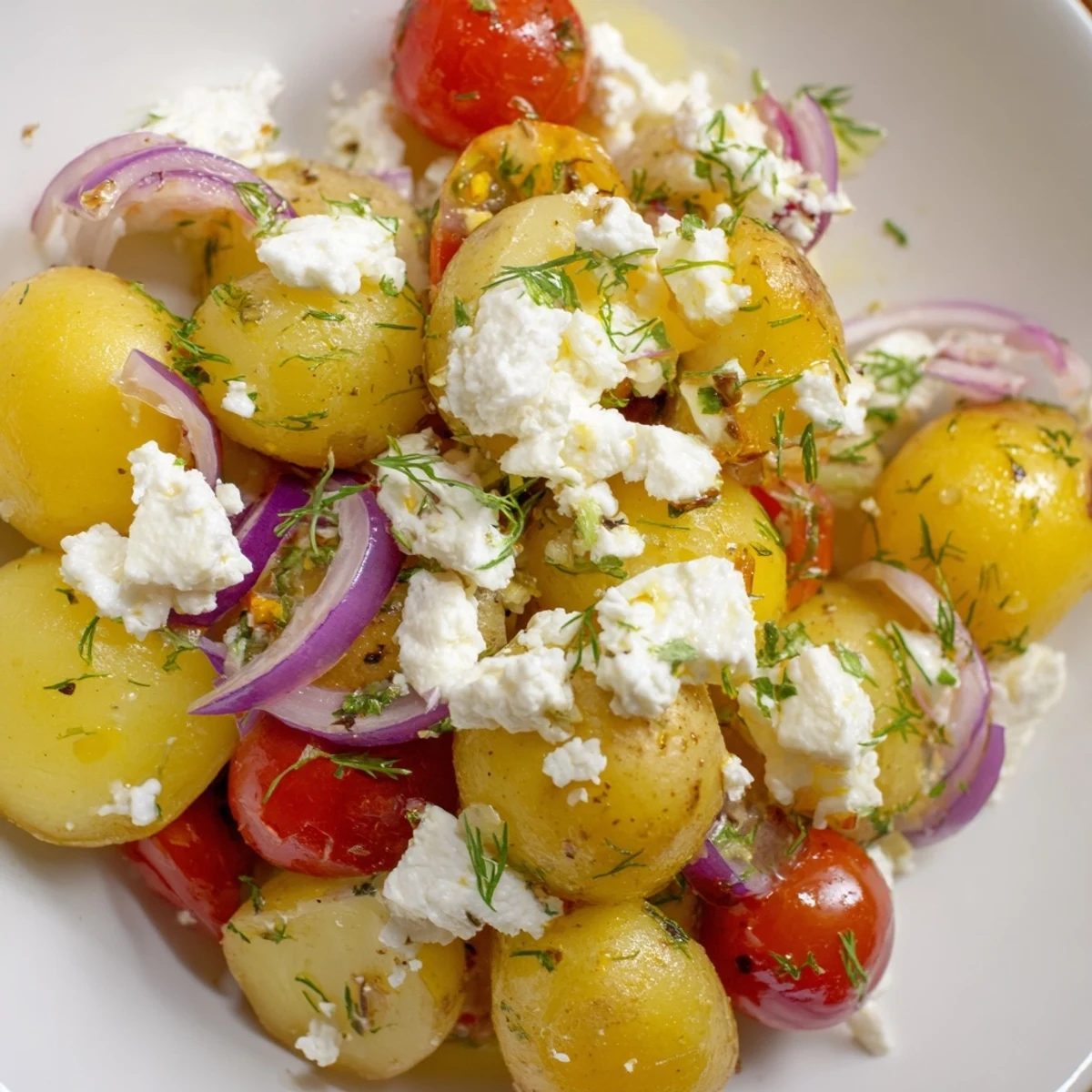 Golden potato and feta salad served in a rustic bowl with parsley