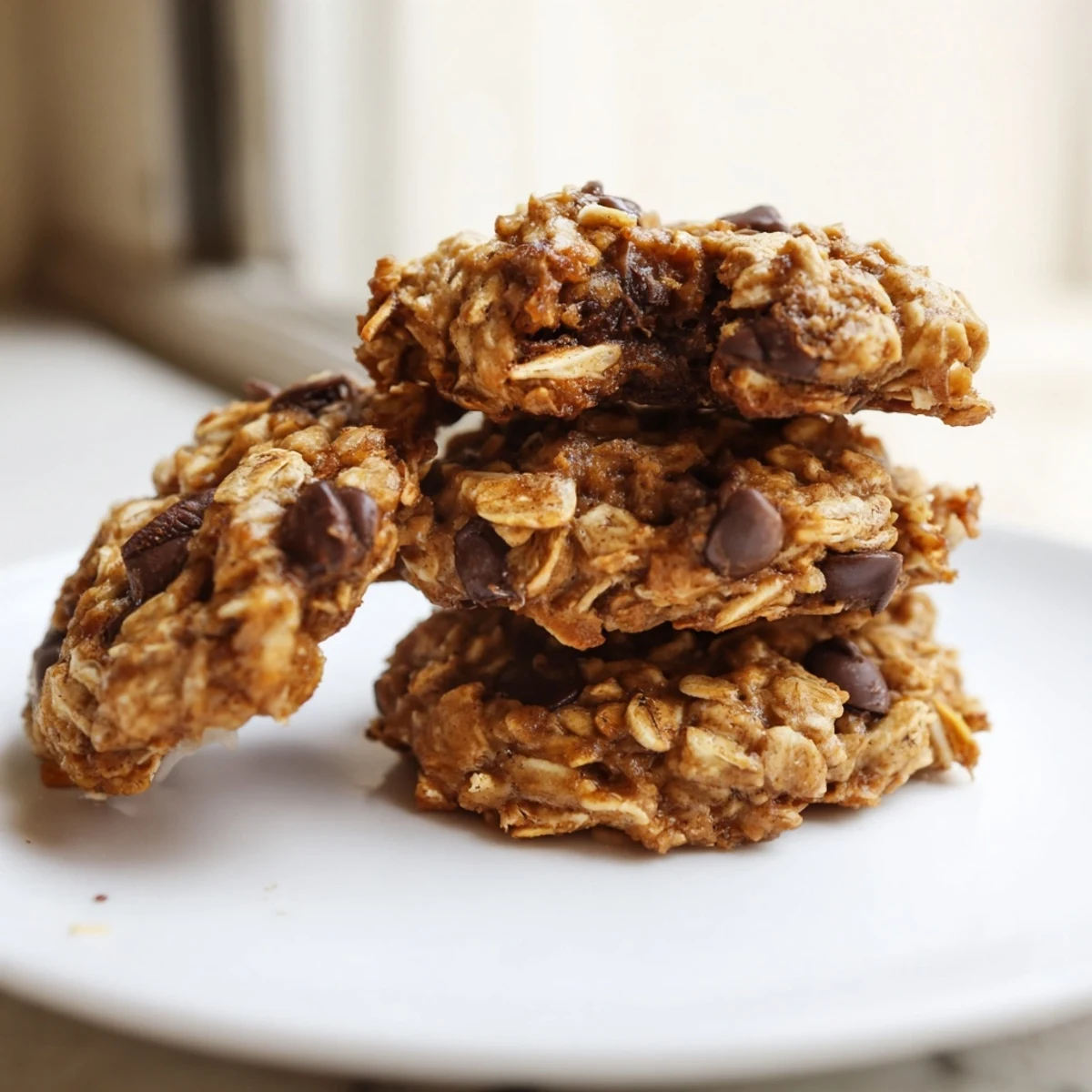 Soft chewy banana oatmeal cookies arranged on a rustic white ceramic plate