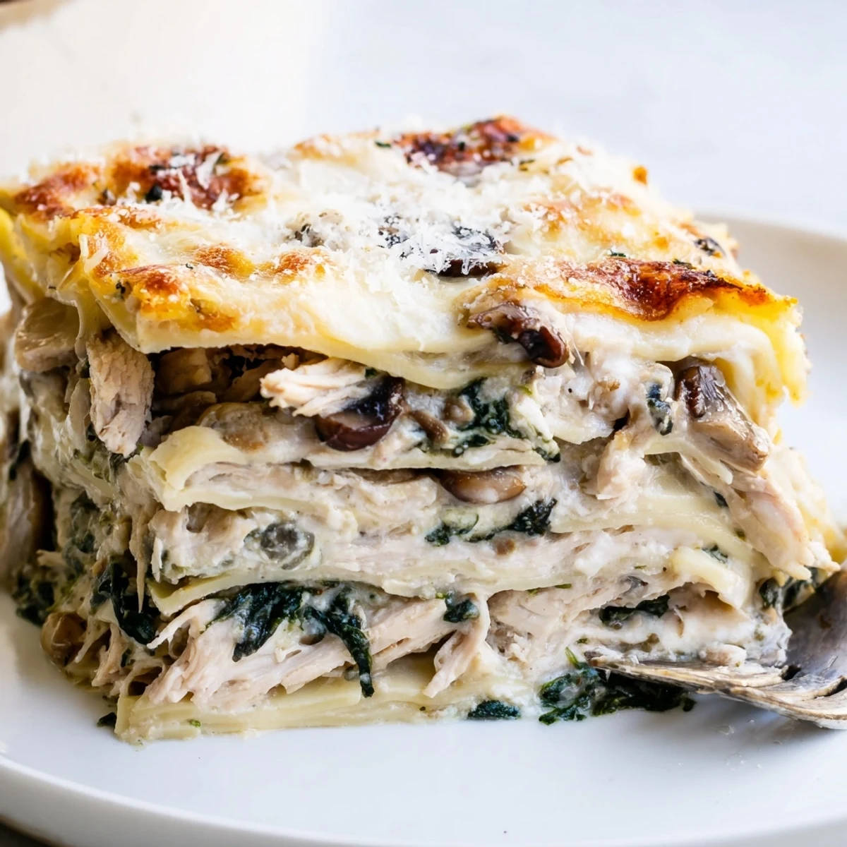 White chicken lasagna sliced into thick layers of tender chicken and spinach