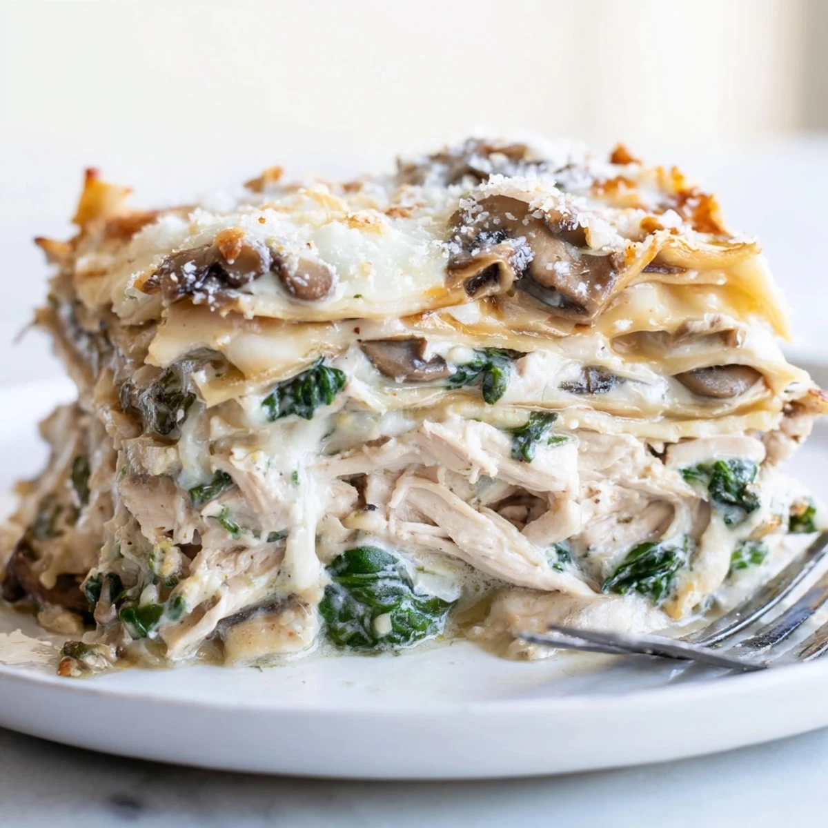 Creamy white chicken lasagna with bubbling golden cheese, fresh from the oven