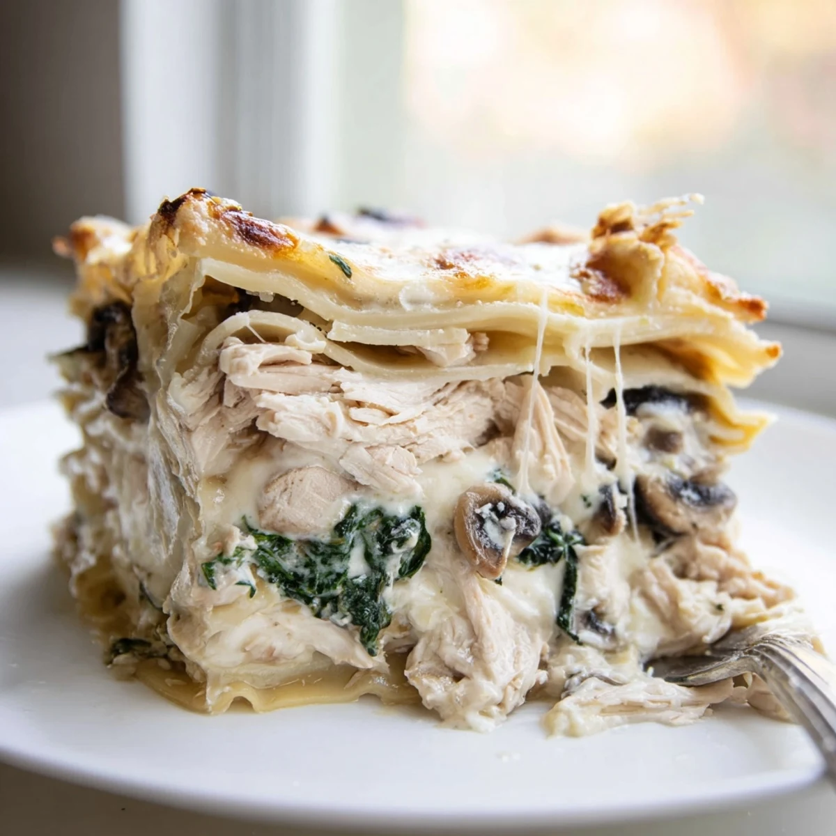 White chicken lasagna topped with melted mozzarella, served on a white plate