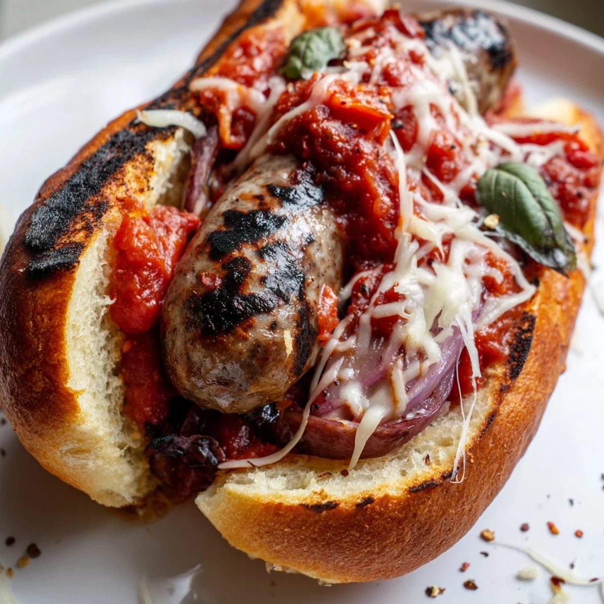 Smoky grilled sausage grinders piled high with charred tomato sauce and melted cheese