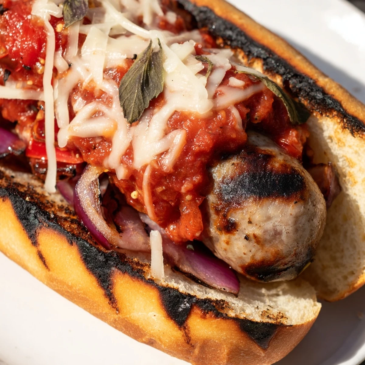 Grilled sausage grinders topped with smoky tomato sauce fresh basil and bubbling provolone
