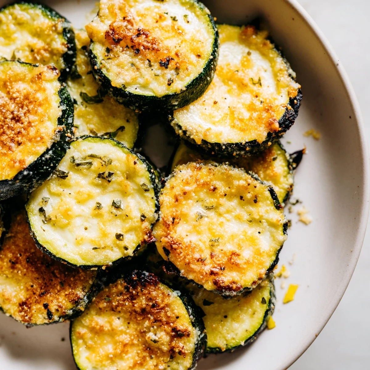 Golden roasted lemon pepper Parmesan zucchini slices arranged on a parchment-lined baking sheet