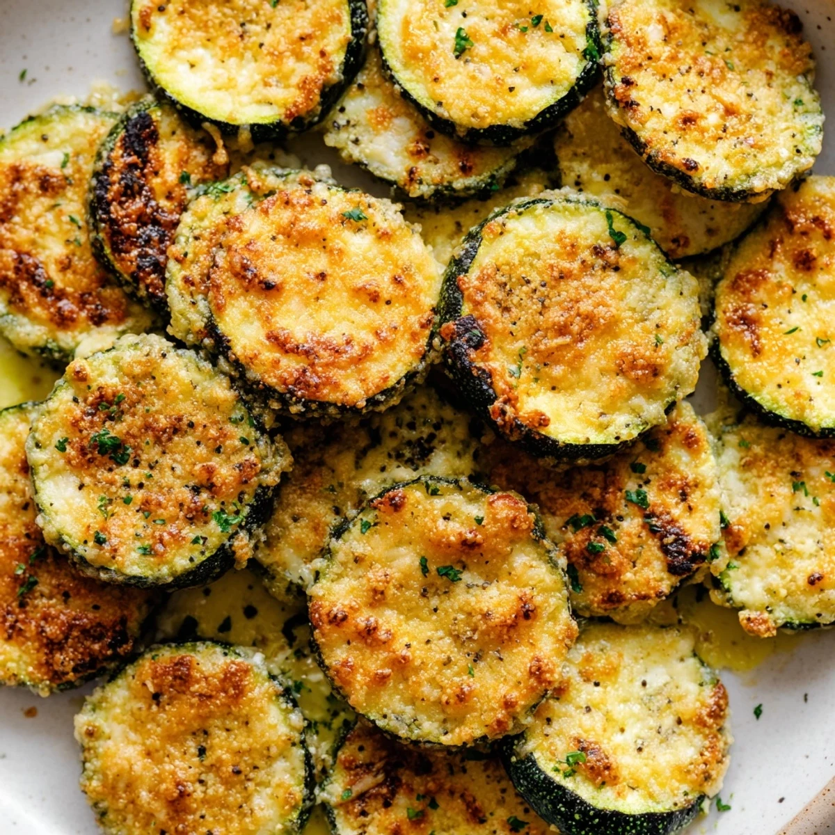 Crispy lemon pepper and Parmesan zucchini served hot on a rustic white platter
