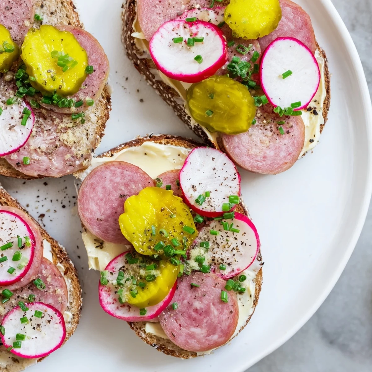 Creamy buttered rye bread loaded with toppings for these Open Faced Polish Sandwiches
