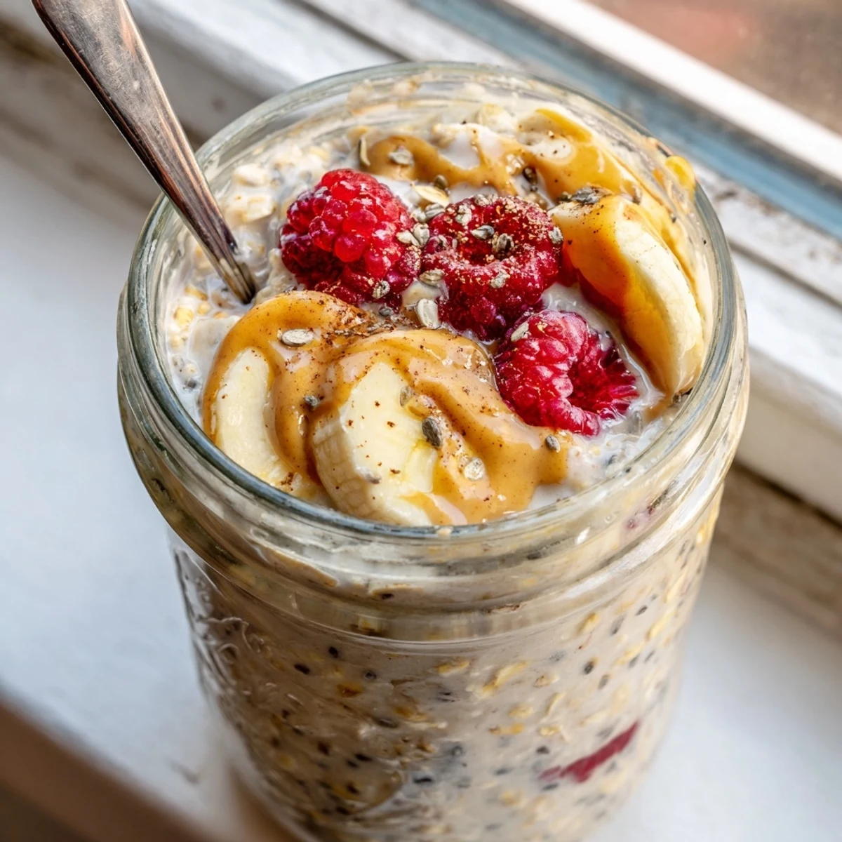 Creamy protein overnight oats topped with fresh berries and a nut butter drizzle
