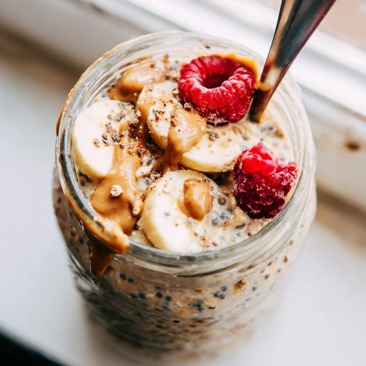 Thick protein overnight oats served in a jar with sliced banana and granola