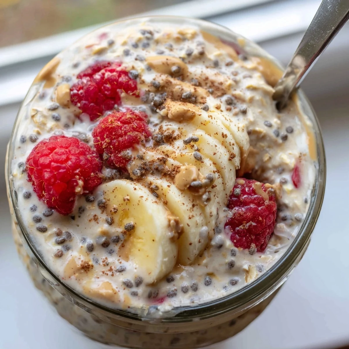 Vanilla protein overnight oats with chia seeds, cinnamon, and colorful fresh fruit toppings