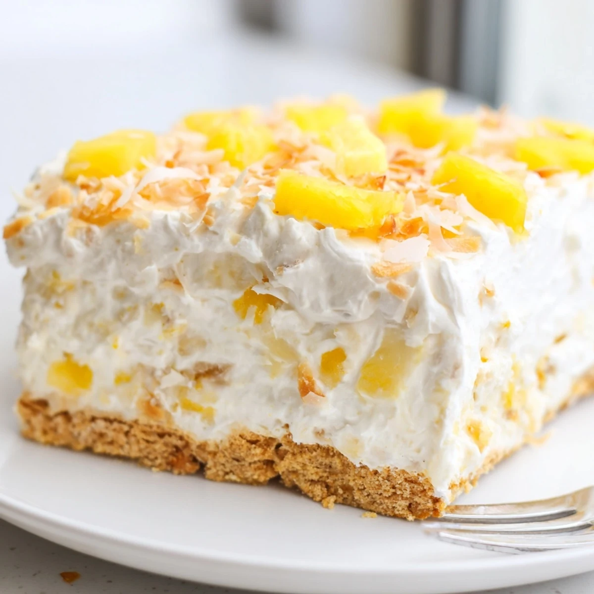 Creamy No Bake Pineapple Coconut Cream Cake sliced and topped with golden toasted coconut flakes
