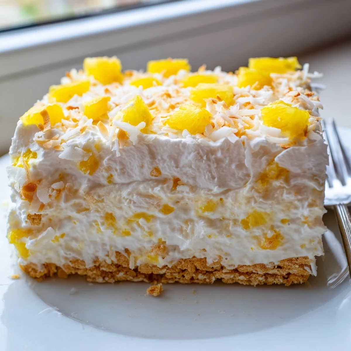 Tropical No Bake Pineapple Coconut Cream Cake garnished with fresh pineapple chunks and coconut