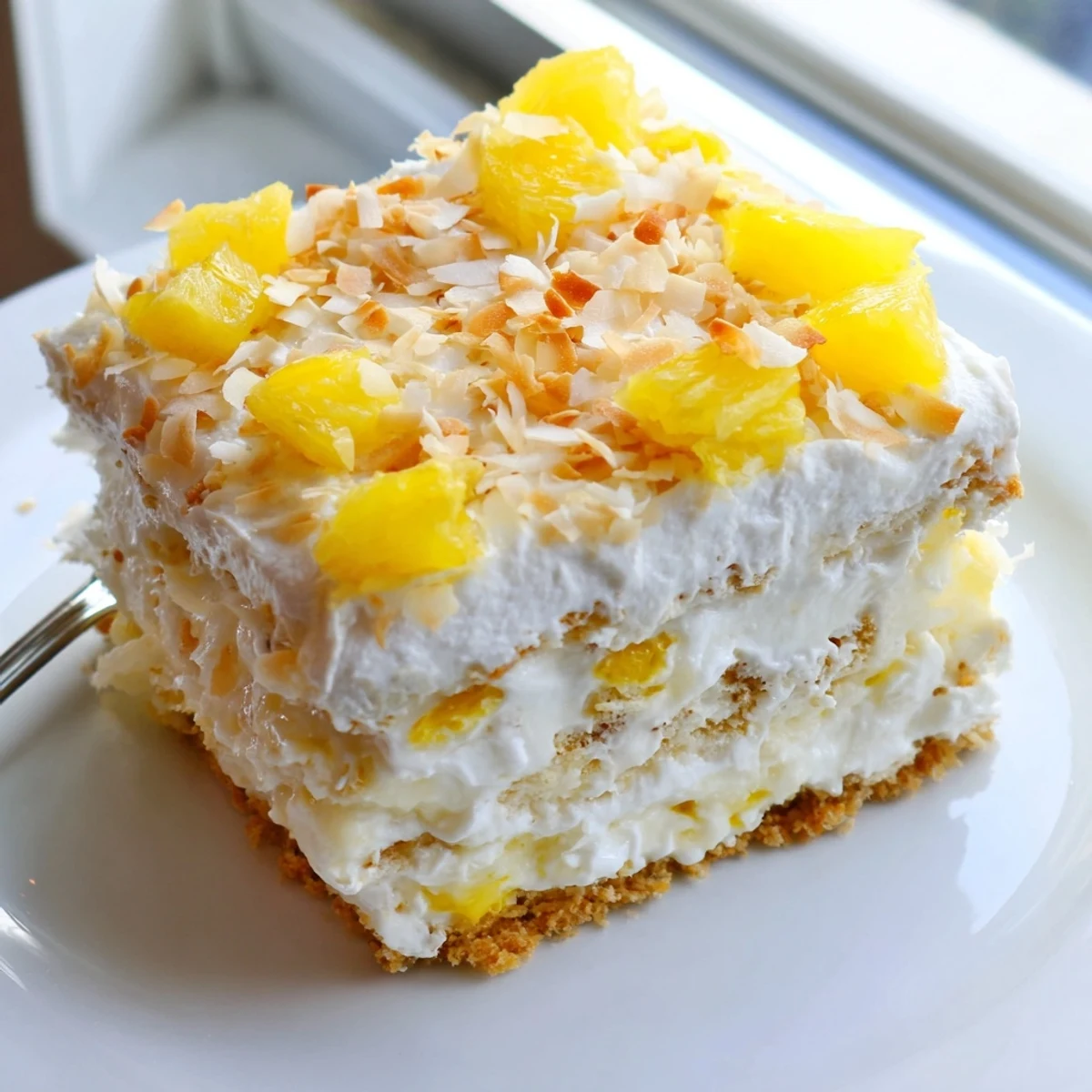 Chilled No Bake Pineapple Coconut Cream Cake showing off its buttery graham cracker crust