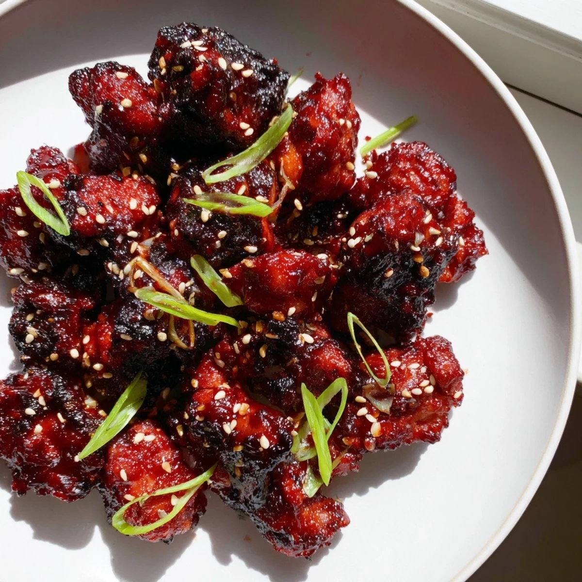 Sizzling gochujang chicken pieces garnished with sesame seeds and sliced spring onions