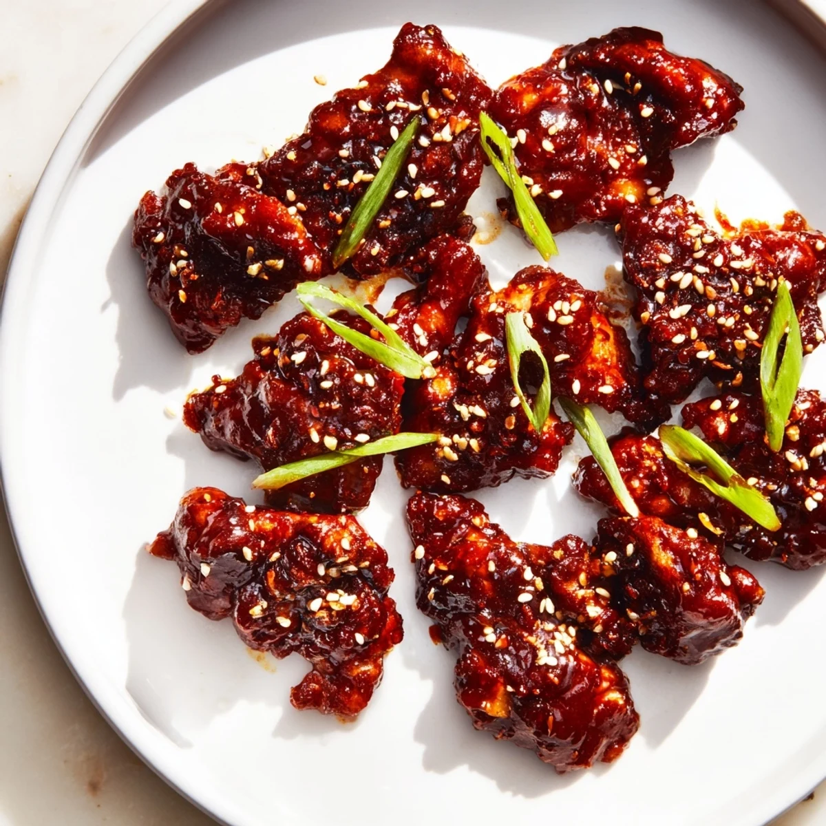 Caramelized gochujang chicken glazed in glossy red sauce over steamed white rice