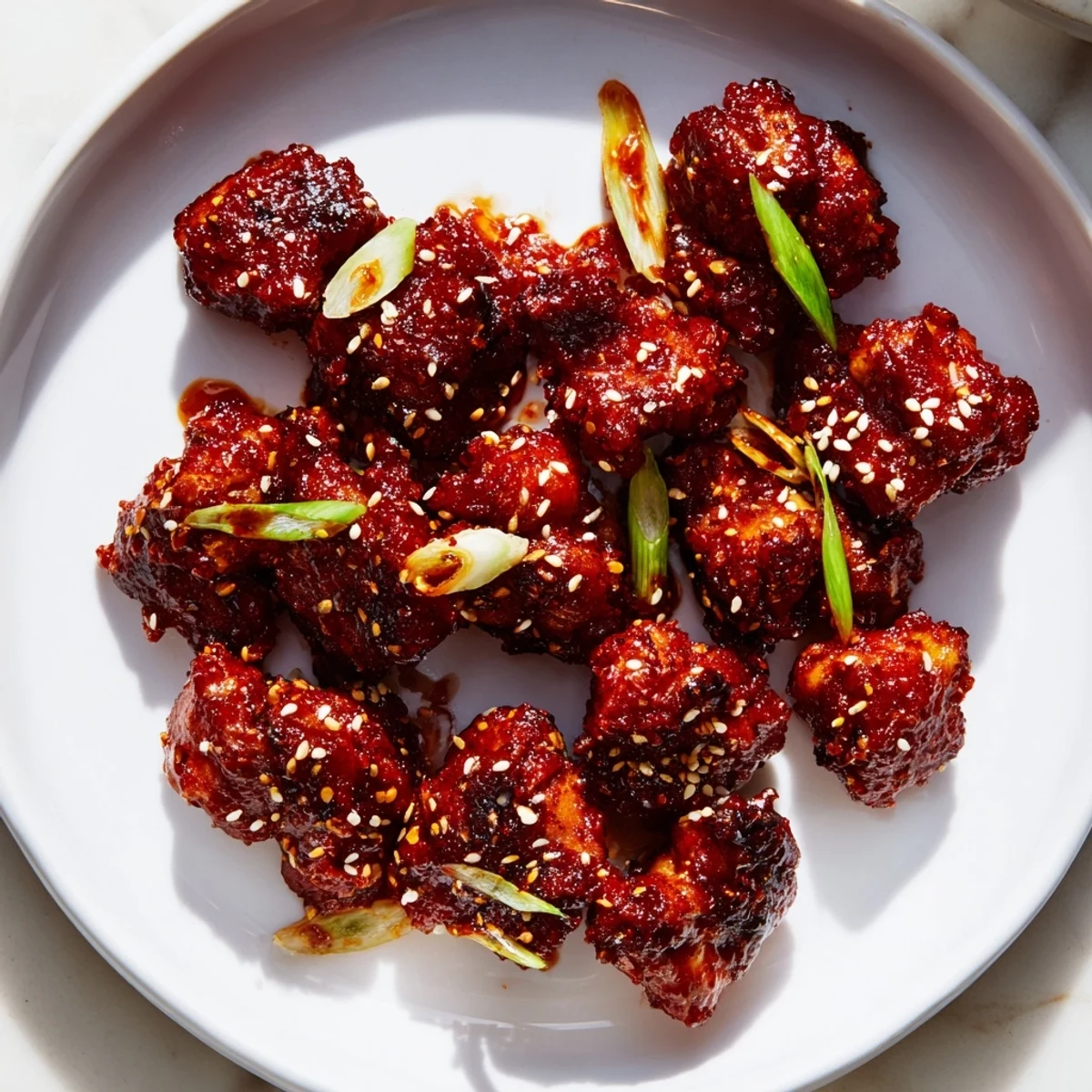 Spicy gochujang chicken with sticky caramelized edges served in a cast iron skillet