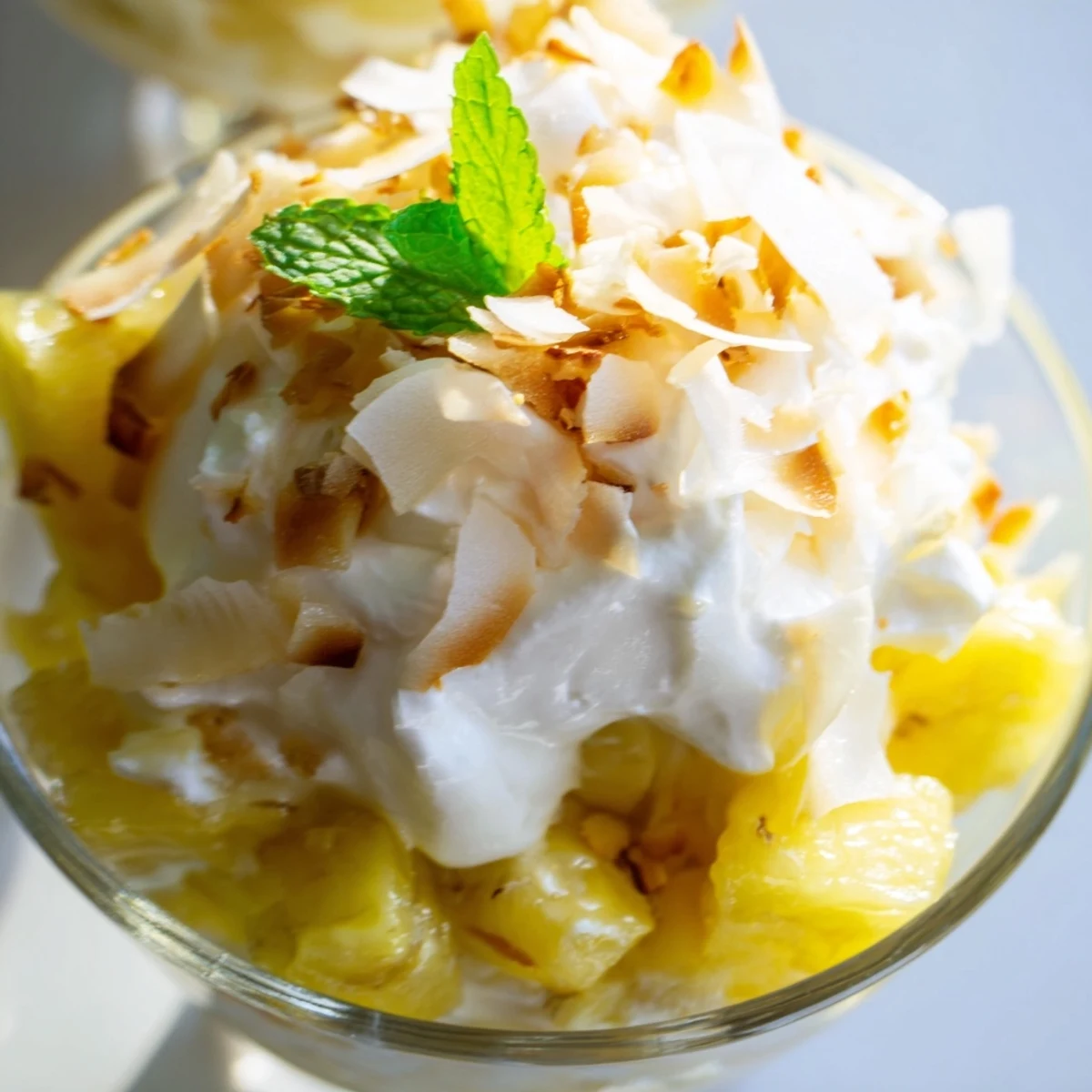 Mini pineapple condensed coconut milk cups garnished with toasted coconut flakes and fresh mint