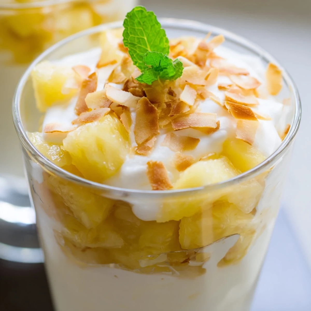 Creamy mini pineapple condensed coconut milk dessert served in elegant small glasses with mint
