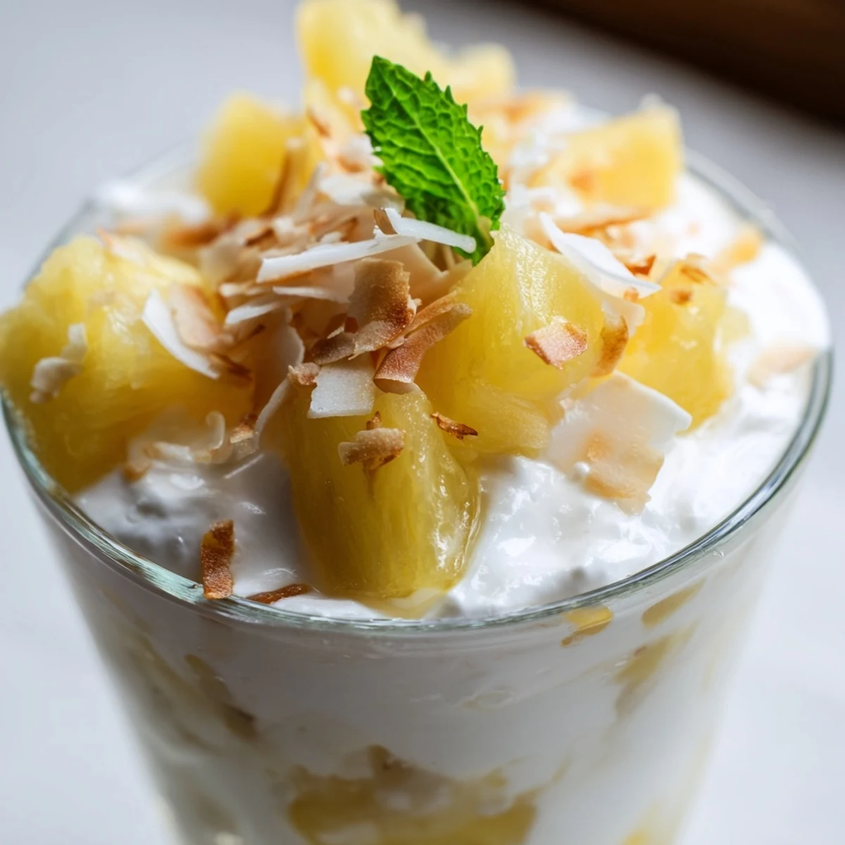 Tropical mini pineapple condensed coconut milk parfaits layered in clear cups with golden pineapple chunks