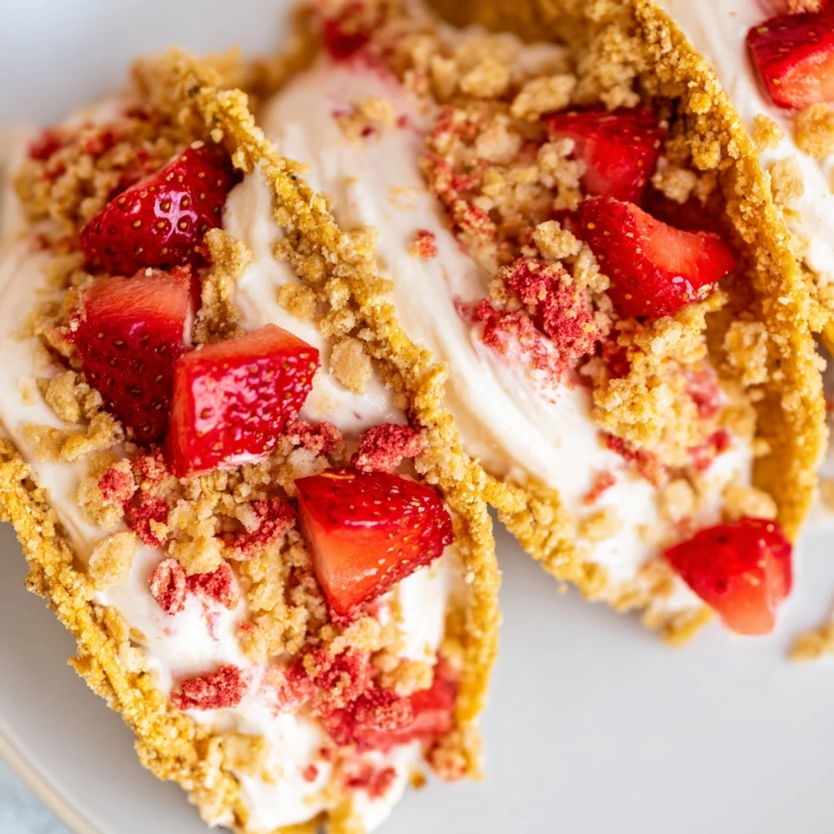 Crispy cinnamon sugar taco shells filled with creamy strawberry crunch cheesecake tacos