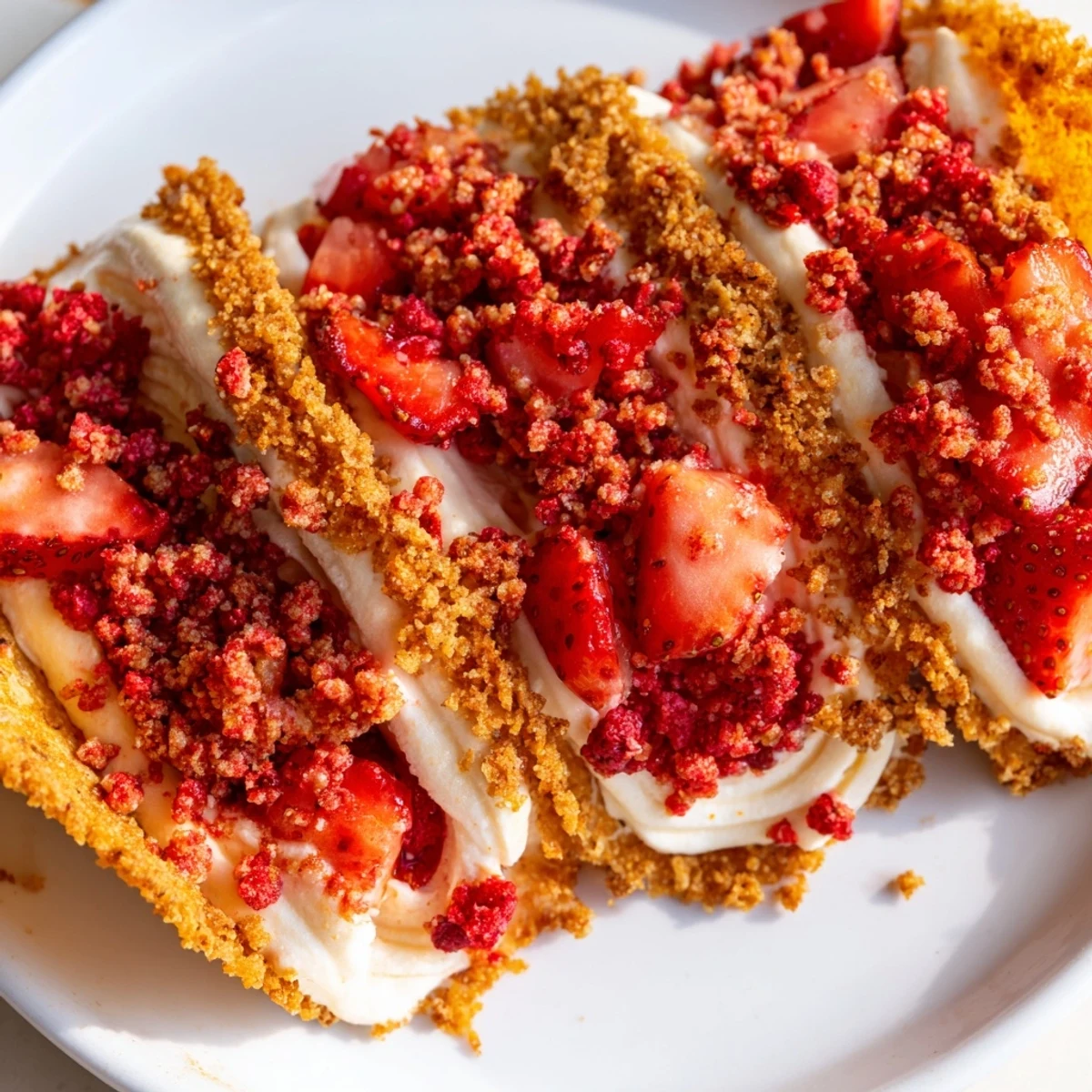 Creamy cheesecake mousse piled into golden taco shells with crunchy strawberry crumble topping