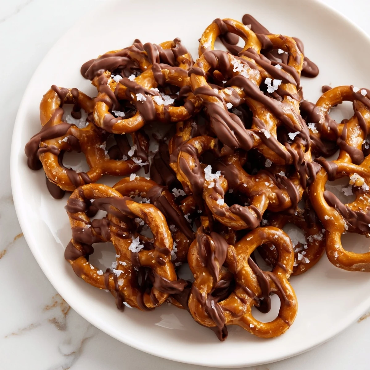 Butter toffee pretzels coated in crunchy golden sugar with a dark chocolate drizzle.
