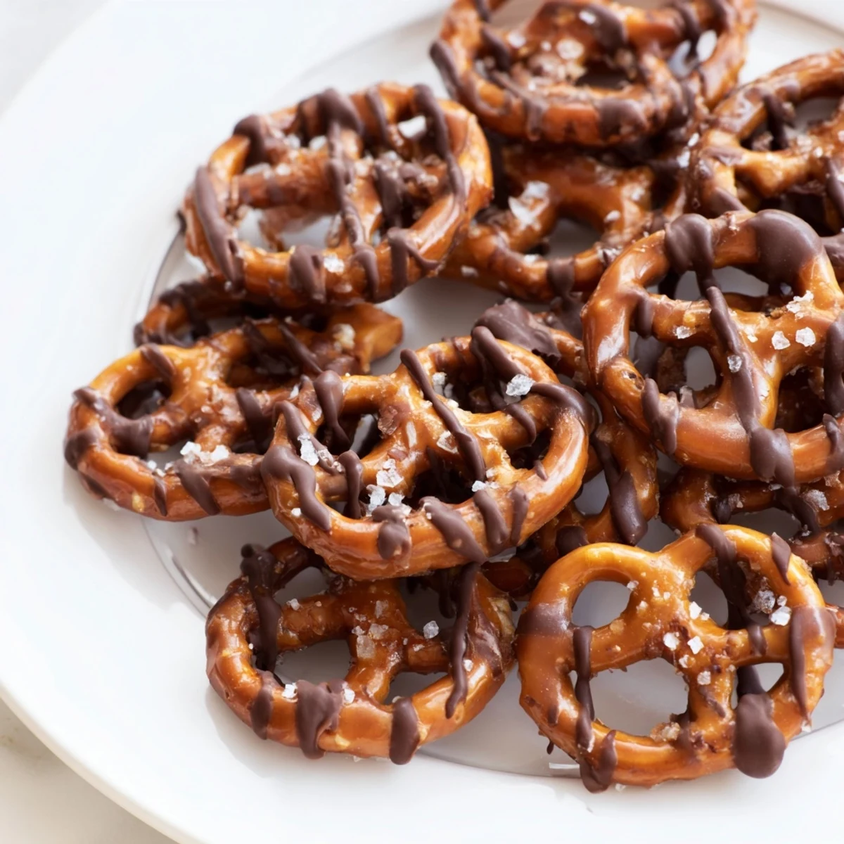Salty pretzels baked in sweet butter toffee and topped with melted chocolate chips.