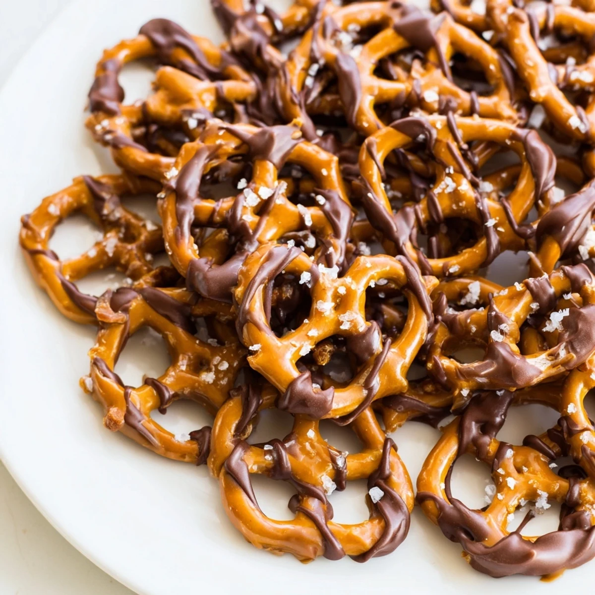 Close up of homemade butter toffee pretzels garnished with sea salt flakes on a white plate.
