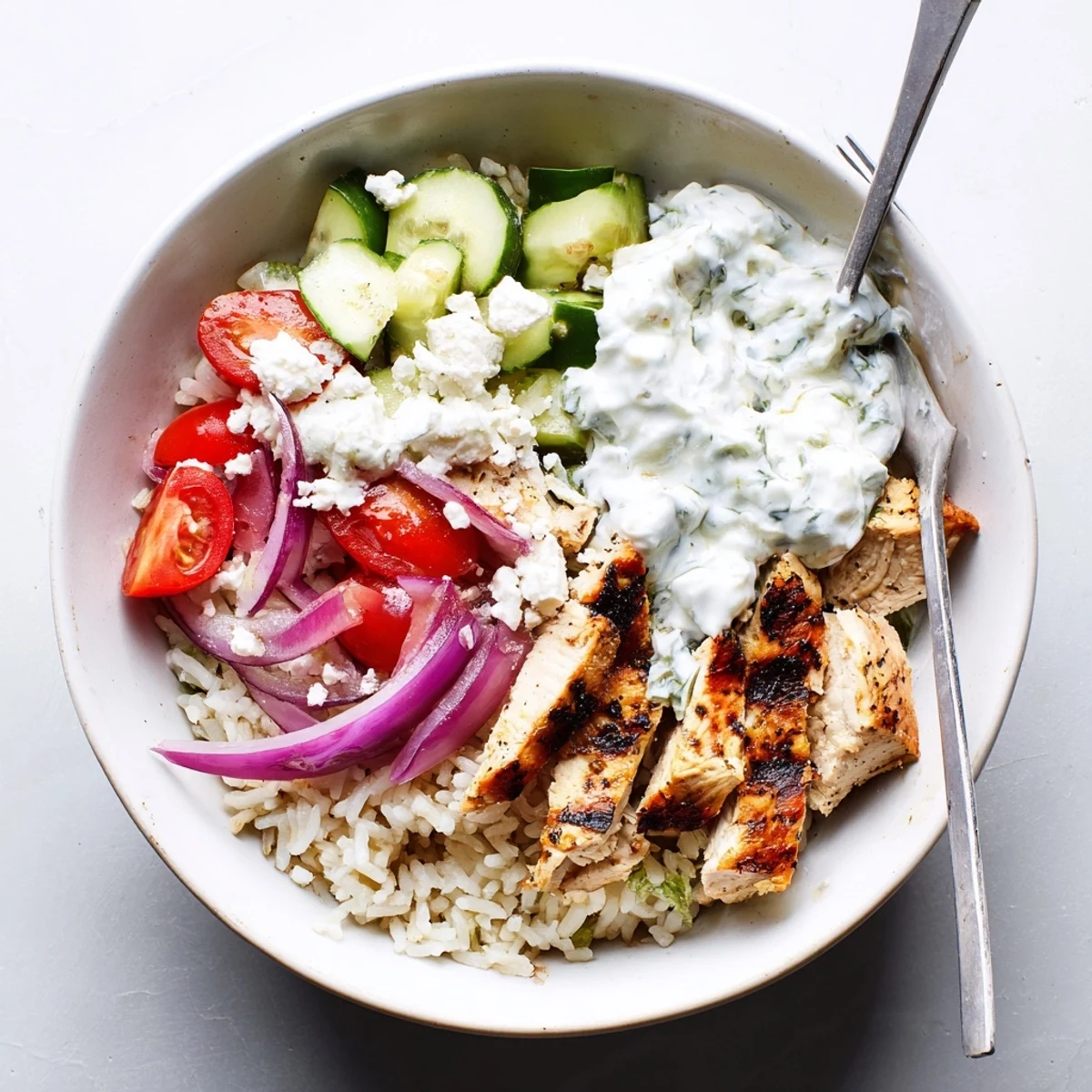 A close-up of Greek Chicken Bowls featuring juicy chicken and tangy feta.