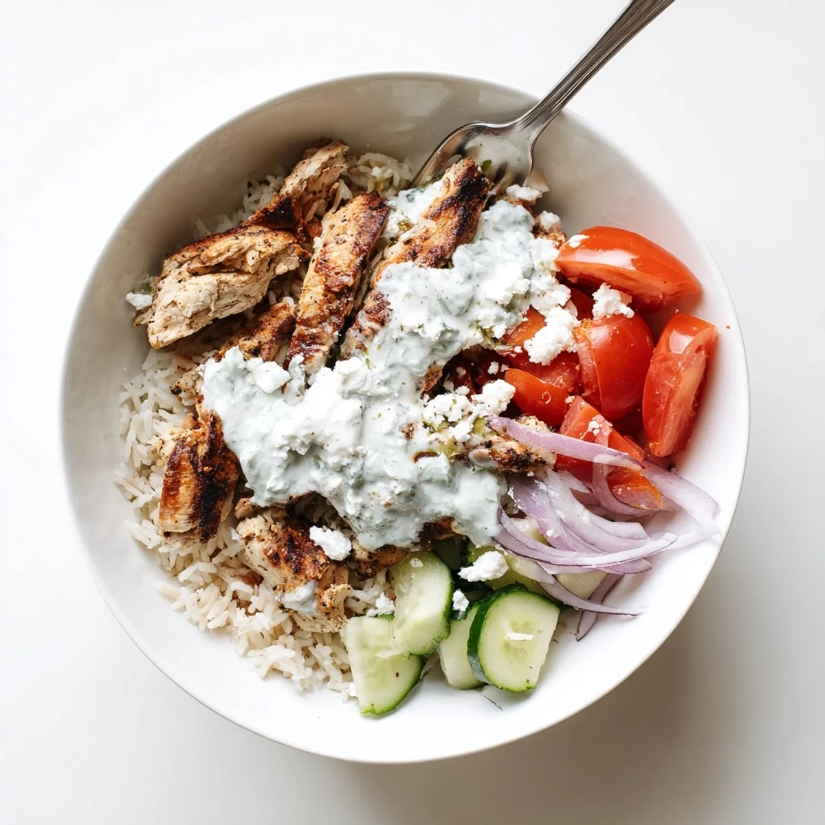 Vibrant Greek Chicken Bowls topped with grilled chicken, tzatziki, and fresh veggies.