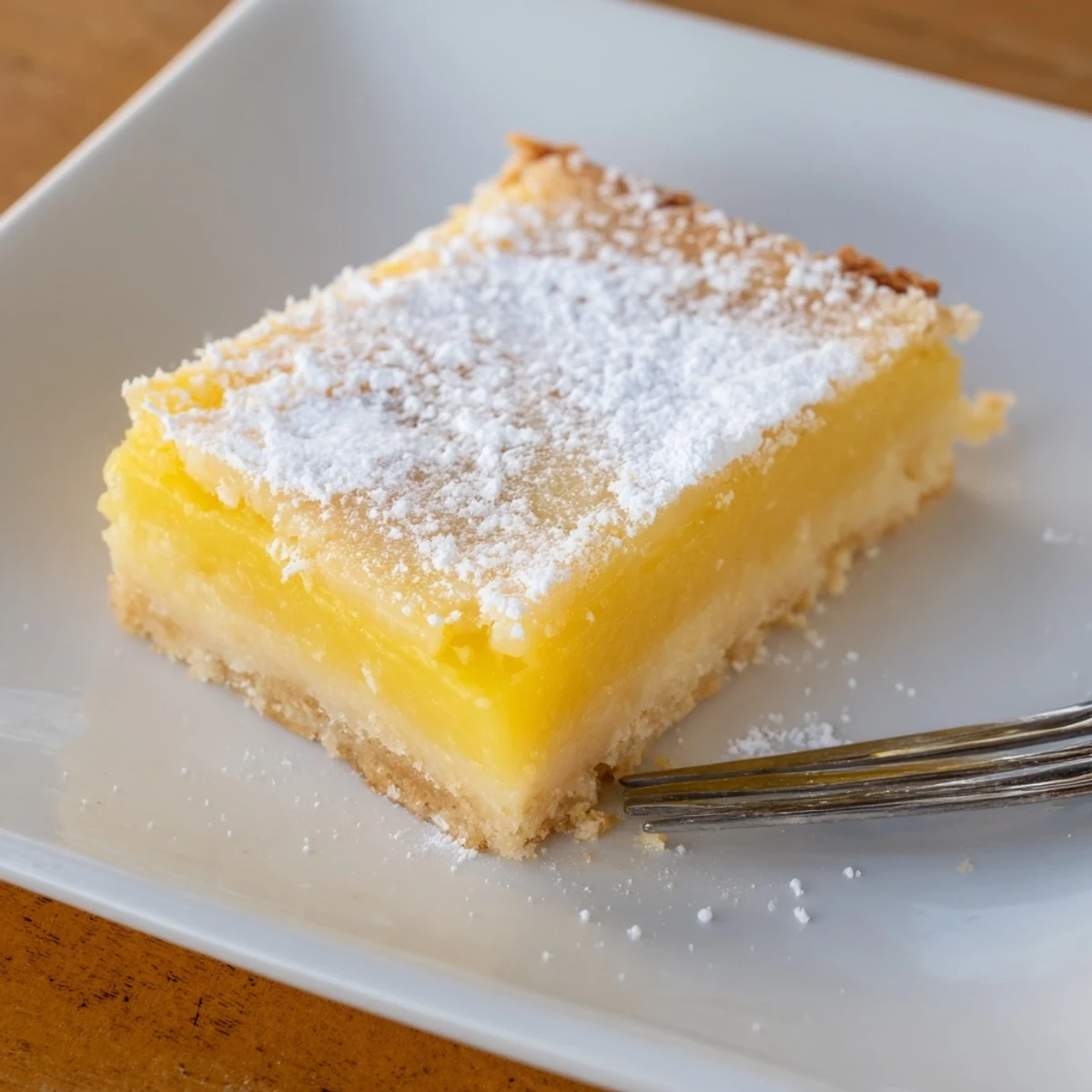 Homemade simple lemon bars cut into squares and topped with sweet white sugar.