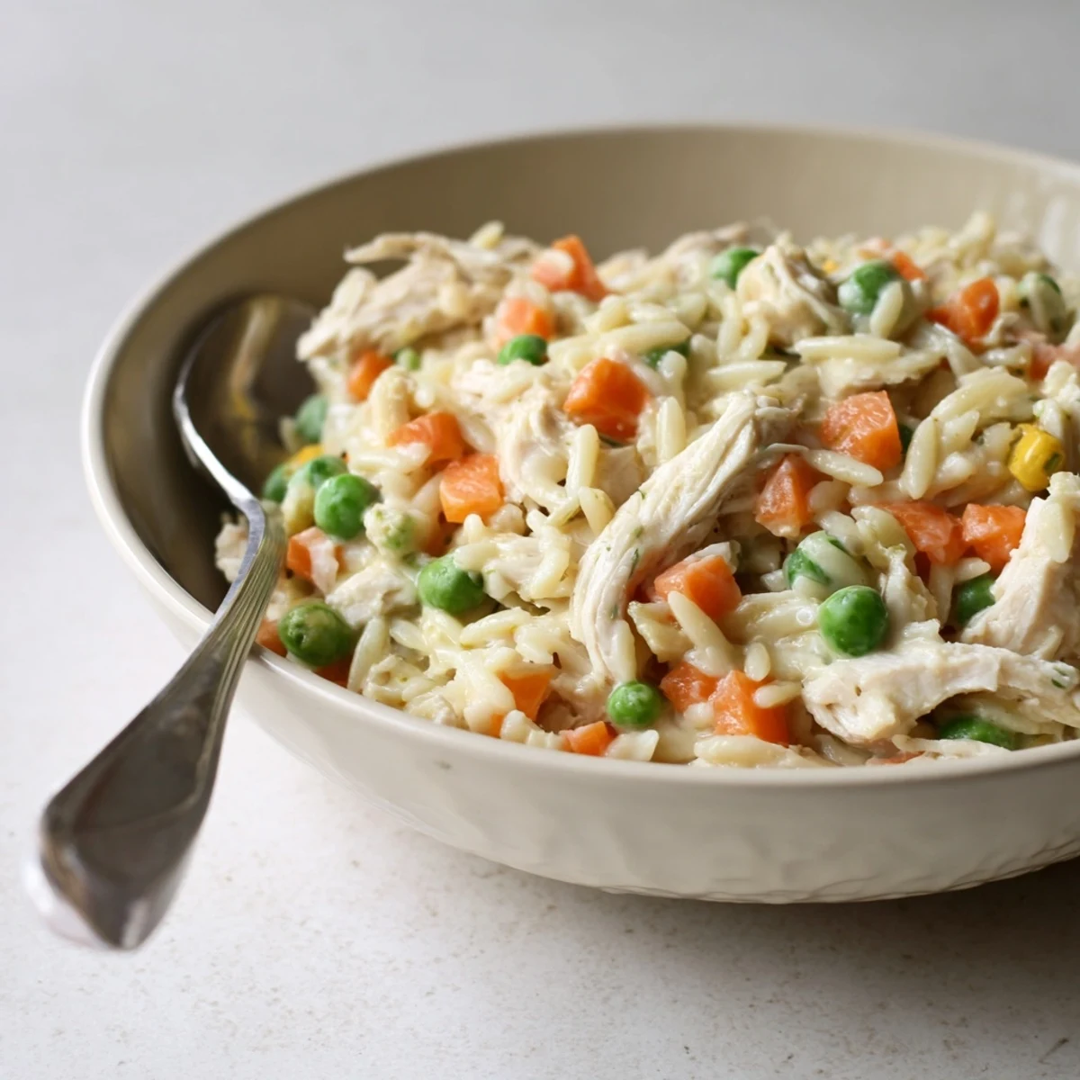 One-pot creamy chicken pot pie orzo loaded with tender chicken and colorful vegetables.