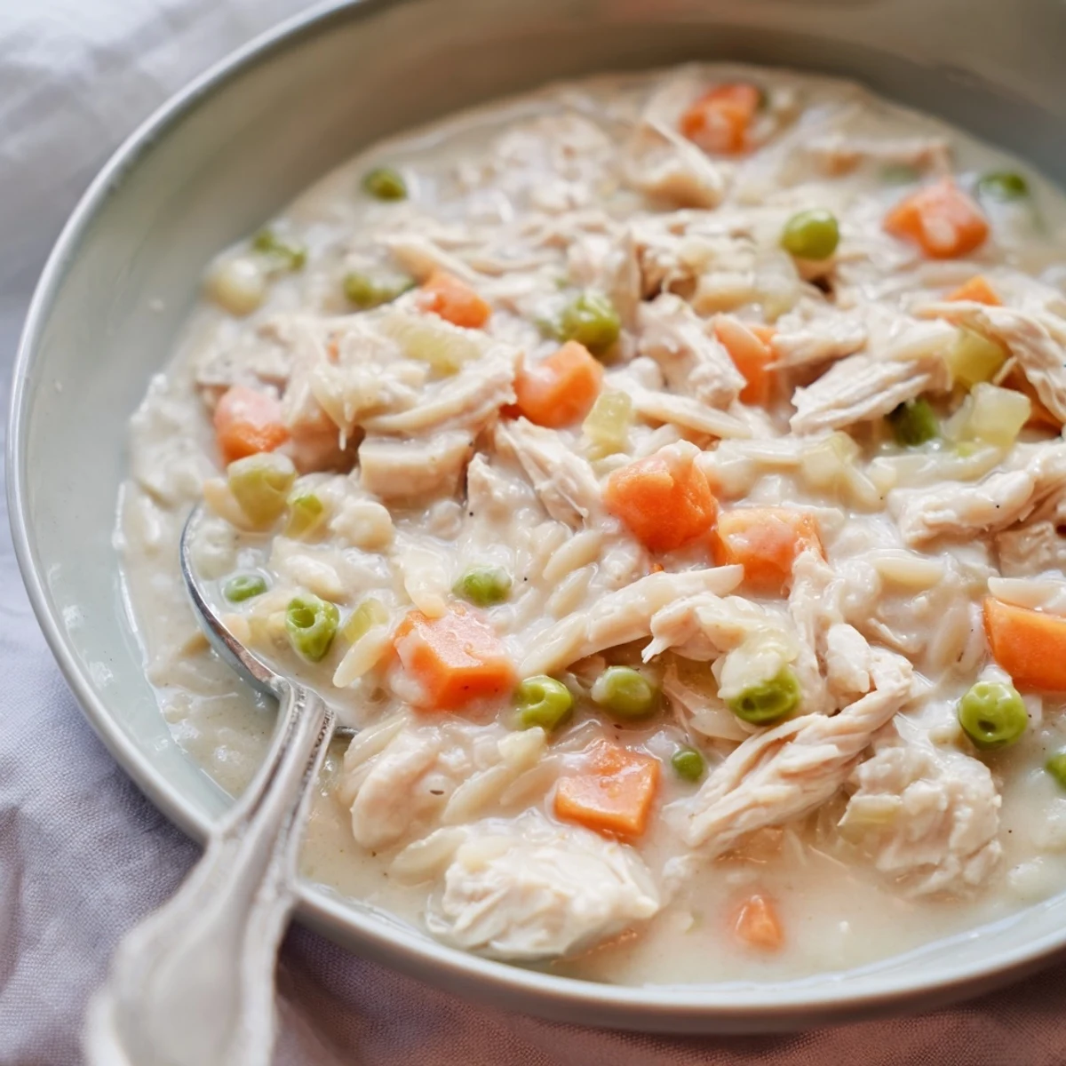 Spoonful of savory creamy chicken pot pie orzo showcasing chunks of chicken and peas.