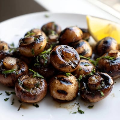 Sizzling grilled garlic mushrooms in a cast iron skillet with herb butter