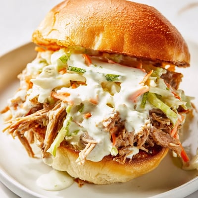 Tender shredded lamb glazed in tangy Alabama white sauce piled high on soft slider rolls