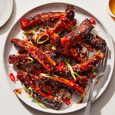 Crispy-edged Korean BBQ lamb ribs drizzled with bright yuzu and scattered sesame seeds