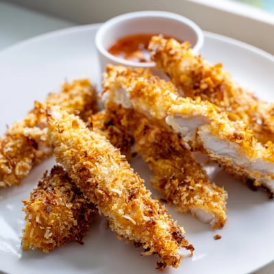 Crunchy Coconut Chicken served hot alongside sweet chili dipping sauce on a plate