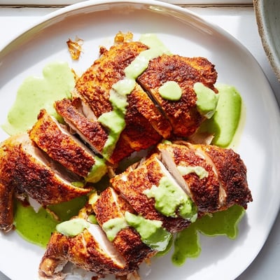 Juicy roasted Peruvian chicken delight served on a platter with spicy aji verde