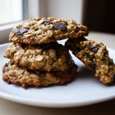 Warm chewy banana oatmeal cookies studded with chocolate chips on parchment paper